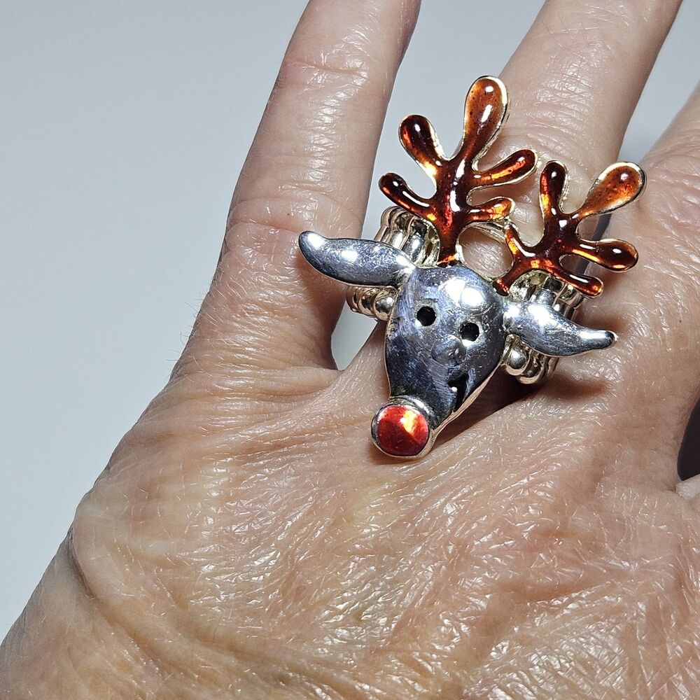 Silver Tone Brown Red Enamel Black Rhinestone Rudolph Stretch Ring - Picture 5 of 14